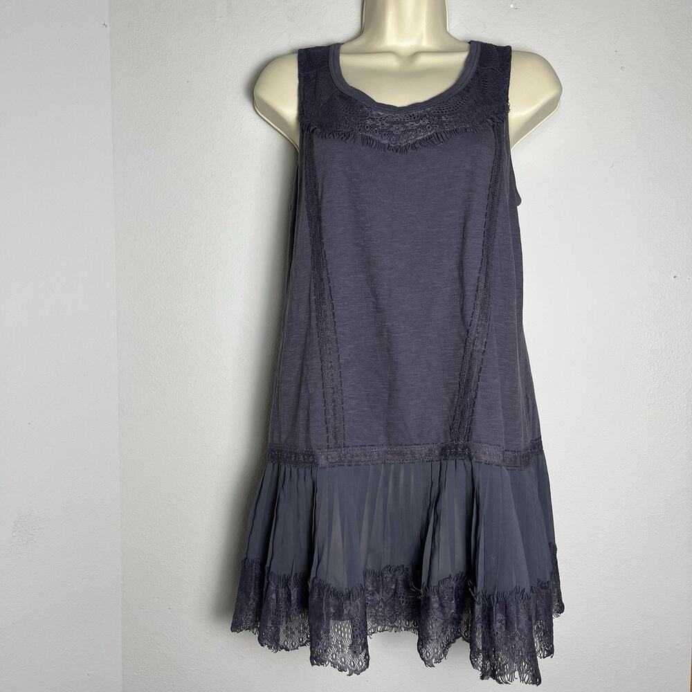 Logo Lavish Women Blue Sleeveless Tunic Top Pleated Lace Hem Fairycore Boho Sz S
